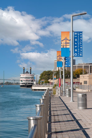 Detroit river ferry boat excursion down river sight seeing tripの写真素材