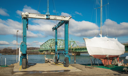 Boat lift for boating Detroit River marina storageの写真素材