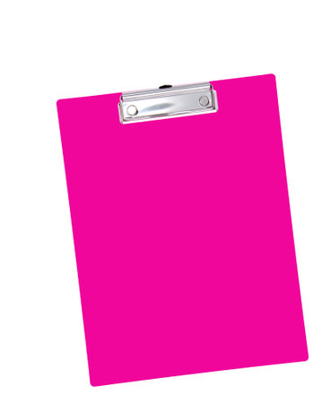 A vibrant pink clipboard featuring a sleek metallic clip on a white backdrop, highlighting its bold color and utility for office, school, and organizational purposes.の写真素材