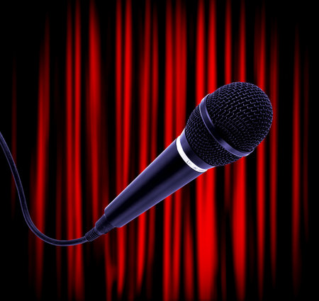 A professional dynamic microphone positioned prominently against a backdrop of vibrant red stage curtains, symbolizing performance, creativity, and speaking engagement. Perfect for themes of music, entertainment, and public speaking.の写真素材