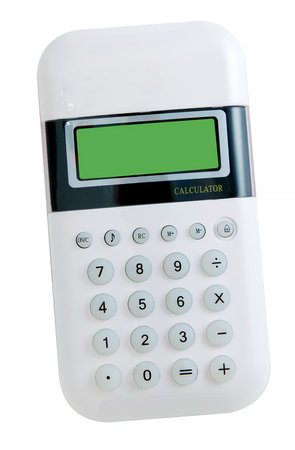 White functional calculator with a vibrant green display, showcasing a clean and modern design for educational, business, or personal use. Isolated on white, this item symbolizes mathematical computing and technological reliability.の写真素材