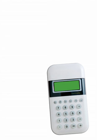 White electronic calculator featuring a green display and gray buttons, placed on a white background. The minimalist design emphasizes technology, calculation, and simplicity, suited for both educational and professional themes.の写真素材