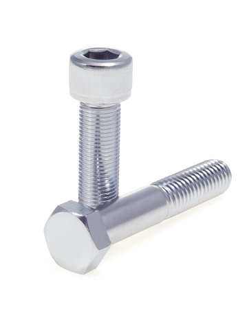 Two metallic bolts, positioned upright on a plain white background, display their silver sheen and...