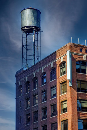 Historic building with water tower in downtown Detroit showcasing urban architecture and skylineの写真素材