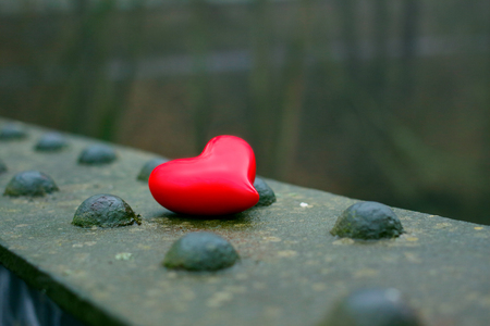 Red heart on a metal plateの写真素材