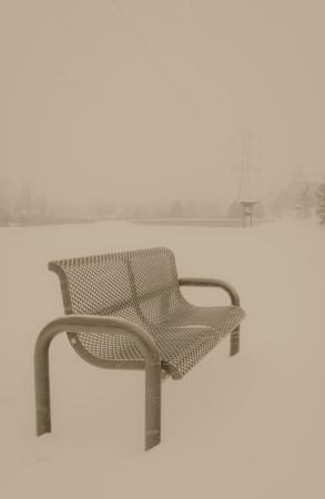 An emtpy park bench in a snow storm in Colorado in the winterの写真素材