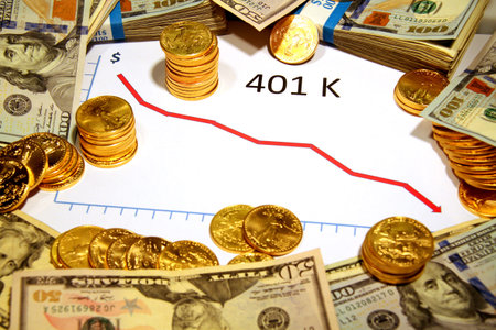 401k retirement chart graph going down with gold and money