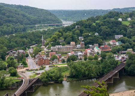 A scenic panoramic view of historic Harper's Ferry, West Virginia from the cliffs of Maryland Heights.のeditorial素材