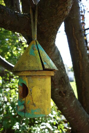 A brightly painted bamboo birdhouse in colors of green and yellow hangs from the branch of a leafy tree.の写真素材