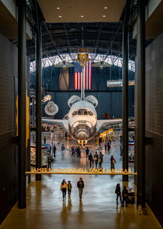 Space Shuttle Discovery on display in the James S. McDonnell Space Hangar at the Steven F....
