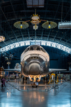 Space Shuttle Discovery on display in the James S. McDonnell Space Hangar at the Steven F....