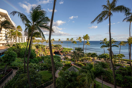 Looking out upon the crystal blue Pacific Ocean and towering palm trees of Ka'anapali Beach, located...