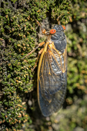 In the serene woods of Virginia, a remarkable spectacle unfolds as a red-eyed 17-year cicada...