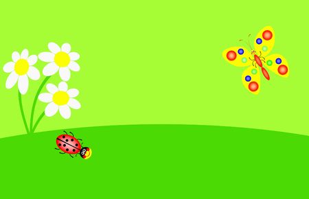 funny ladybird and butterfly are  in the green garden, illustrationの写真素材