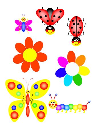 fanny ladybirs butterflys catrpillar and flowers, colors of the rainbow, illustration, isolated, white, backgroundの写真素材