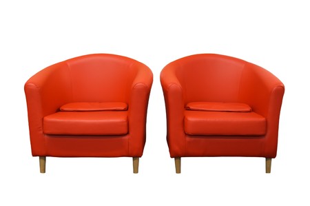 two red armchairs are on whiteの写真素材