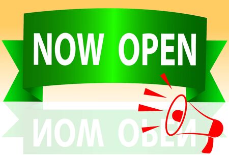 Vector Illustration green Banner now open With Megaphone. Web Element.のイラスト素材