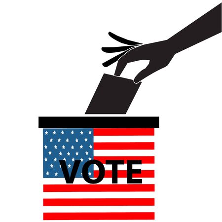 Hand putting voting ballot into vote box. Man's candidate profile. The US presidential election 2020. American flag colors. Vector illustration.のイラスト素材