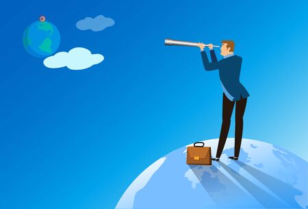 A business man standing on the world with a Telescope looking at the target at new world. Success, achievement, business vision career goal. Flat vector illustration.のイラスト素材