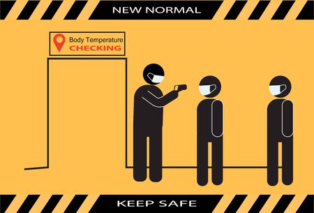 new normal keep safe icon concept. Checking body temperature on public place. Prevention coronavirus and covid 19, temperature scaning sign, vector graphics, symbolのイラスト素材