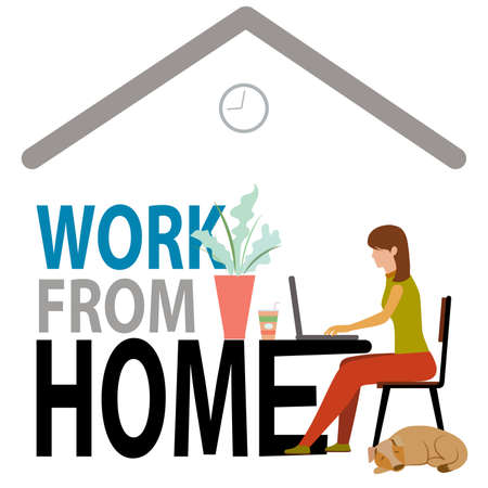 Working and business from home concept design. Freelance woman work at her house, dressed in home clothes. Vector illustration isolated on white background. Online working, business at home office.のイラスト素材