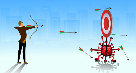 Confuse businessman shooting arrow with a dropdown target on crisis coronavirus covid 19. Concept of...