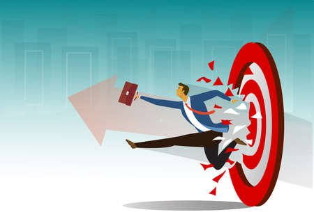 Super businessman running and breaking target archery to Successful vector. Business superhero rushing on the arrow to the target, business concept goal and success.のイラスト素材