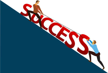 Business concept. businessman pushing the success text uphill. Symbol of difficulty, ambition, motivation, struggle, achievement, vector illustration flat styleのイラスト素材