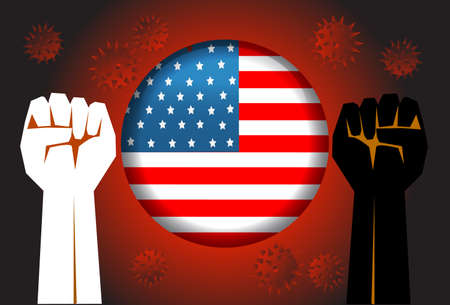 power hand with novel corona virus or COVID-19 virus stained on the United America Flag button, Fight for american concept, sign symbol background, vector illustration, graphicのイラスト素材