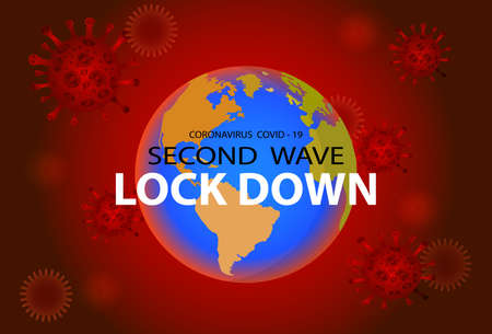 The defense concept of the second wave lock down outbreak, second wave lock down lettering on world map and coronavirus background. vector illustration for graphic designのイラスト素材