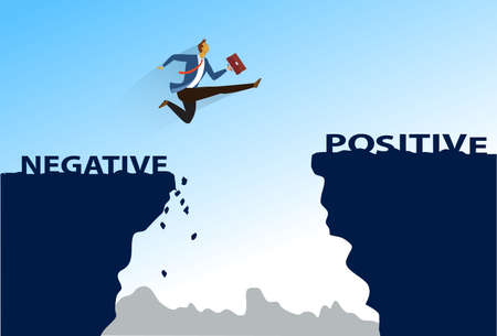 Business Concept As A Businessman Is Highly Jumping Up From Negativity To Positivity. businessman jumps over the ravine. Challenge, obstacle, optimism, determination in business conceptのイラスト素材
