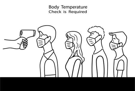 Line drawing of People lining up for body temperature check before entry, COVID-19 prevention illustration in flat styleのイラスト素材