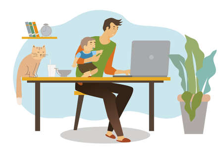 Work at home. A man holding his son working on computer at home. Working  vector, illustration.のイラスト素材
