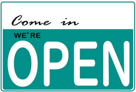 Typical 'come in we're open' sign for a shop, cafe or company to let customers know they are open...