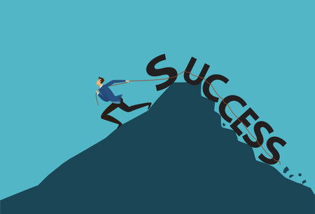 Successful business man pulling up the hill success lettering. Hard working, control, finance,...