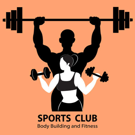 Abstract graphic illustration with silhouettes of man with barbell and woman with dumbbell as a design for logo, banner or poster for bodybuilding or fitness club.のイラスト素材