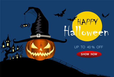 Halloween sale banner with Jack O' Lantern pumpkin, witch hat, bat, Vector illustration background for party invitation, greeting card, web, social media.のイラスト素材