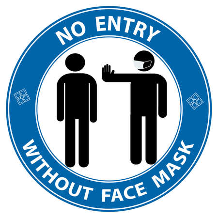 Warning sign No entry without face mask stamp, mask required sign, blue isolated on white background, vector illustration. Vector front door plate.のイラスト素材