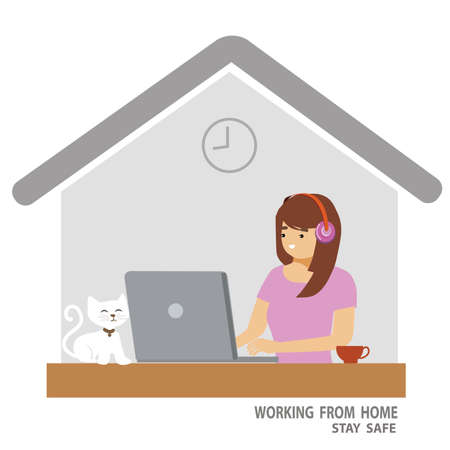Work at home concept design. Freelance woman working on laptop at her house, dressed in home clothes. Vector illustration isolated on white background. Online study, education.のイラスト素材