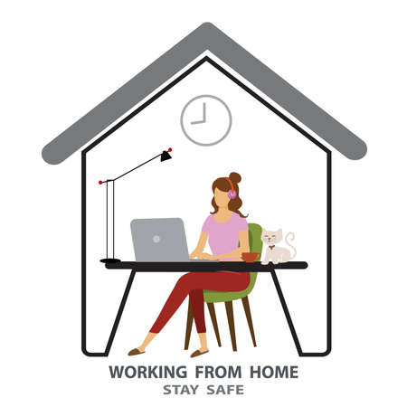 Work at home concept design. Freelance woman working on laptop at her house, dressed in home clothes. Vector illustration isolated on white background. Online study, education.のイラスト素材