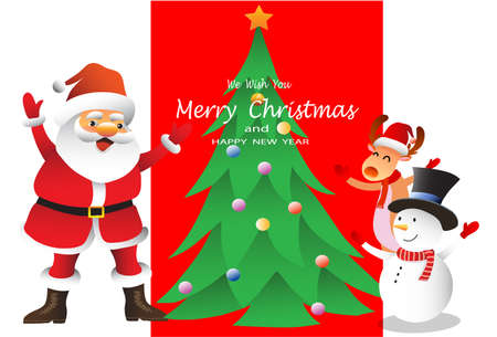 we wish you a Merry Christmas and Happy New Year! Santa Claus and snowman with big signboard. Holiday greeting card. Isolated vector illustration.のイラスト素材
