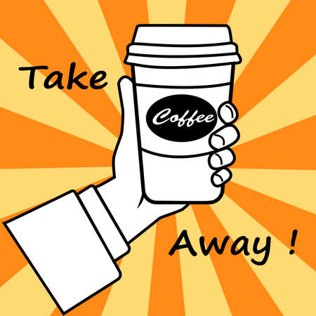 Take away retro illustration of vintage stylized human hand holds a cup of hot coffee. Vintage coffee break with handwritten hipster typography on  light rays background. vector, illustrationのイラスト素材
