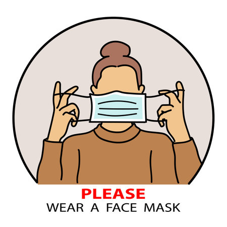 Please wear a face mask, caution sign. Woman wearing an anti virus protection mask to prevent others from corona COVID-19 .healthy conceptのイラスト素材