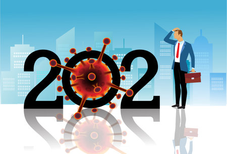 2021 new year of world finance concept. Businessman standing and looking at 2021 with coronavirus covid-19. vector, illustrationのイラスト素材