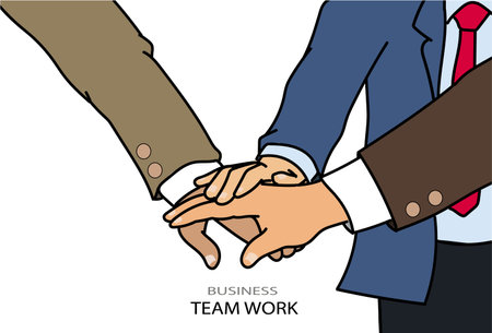 Businessman joining united hand, business team touching hands together after complete a deal in meeting. unity teamwork partnership corporate concept. vector, illustration , flat styleのイラスト素材