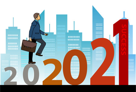 Businessman  with Briefcase Bag walking up on number 2021 forward to success. Moving into 2021 conceptのイラスト素材