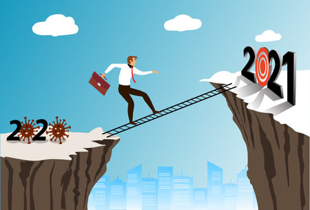 Businessman in suit walking on ladder with suitcase to target in 2021. Business man walking on tightrope gap.  financial crisis covid 19 on 2020. Risk management challenge. illustration in flat styleのイラスト素材