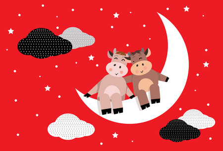 Two cow is sitting on the moon on redのイラスト素材