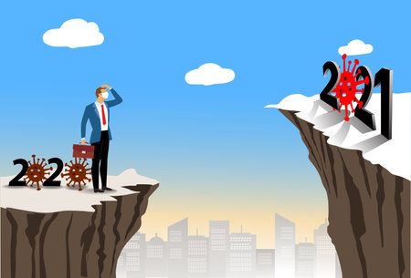 Businessman in suit standing with suitcase and looking at to target in 2021. Business financial crisis covid 19 on 2020. Risk management challenge. illustration in flat styleのイラスト素材