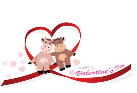 Happy valentine's day of Heart ribbon twist for love in year of the ox concept / wedding day / valentine's day. Vector illustration.のイラスト素材